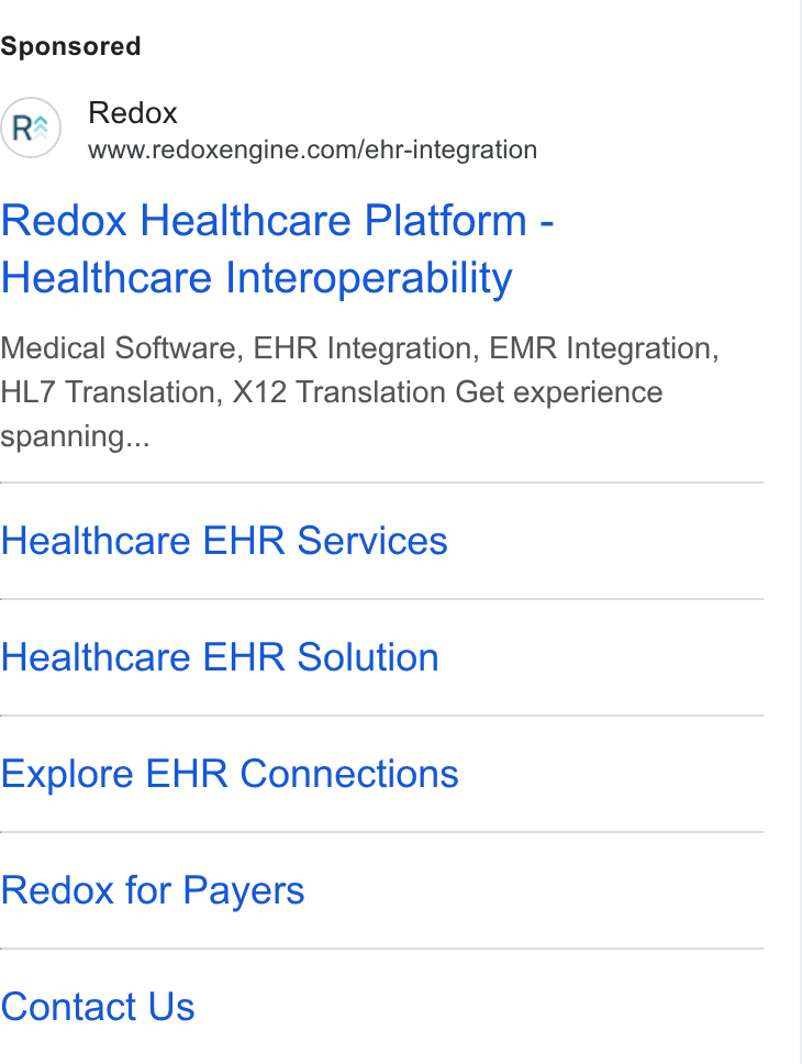 Redox ad on Google Ads: Redox Healthcare Platform - Healthcare Interoperability Medical Software, EHR Integration, EMR Integration, HL7 Translation, X12 Translation Get experience spanning... Healthcare EHR Services Healthcare EHR Solution Explore EHR Connections Redox for Payers Contact Us