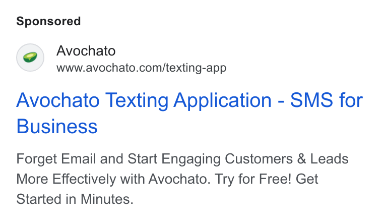 Avochato ad on Google Ads: Avochato Texting Application - SMS for Business Forget Email and Start Engaging Customers & Leads More Effectively with Avochato. Try for Free! Get Started in Minutes.
