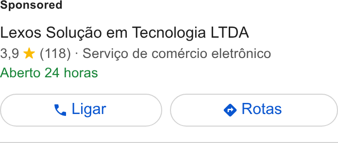 Lexos ad on Google Ads: Lexos Solugao em Tecnologia LTDA 3,9 ¥& (118) - Servico de comércio eletrénico Aberto 24 horas