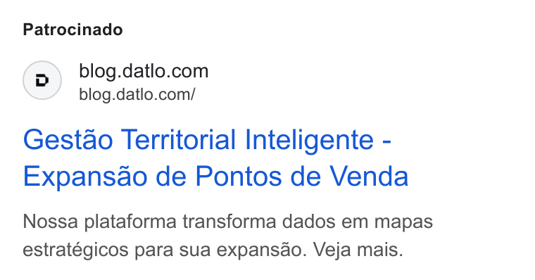 Datlo ad on Google Ads: blog.datlo.com/ Gestao Territorial Inteligente - Expansao de Pontos de Venda Nossa plataforma transforma dados em mapas estratégicos para sua expansao. Veja mais.