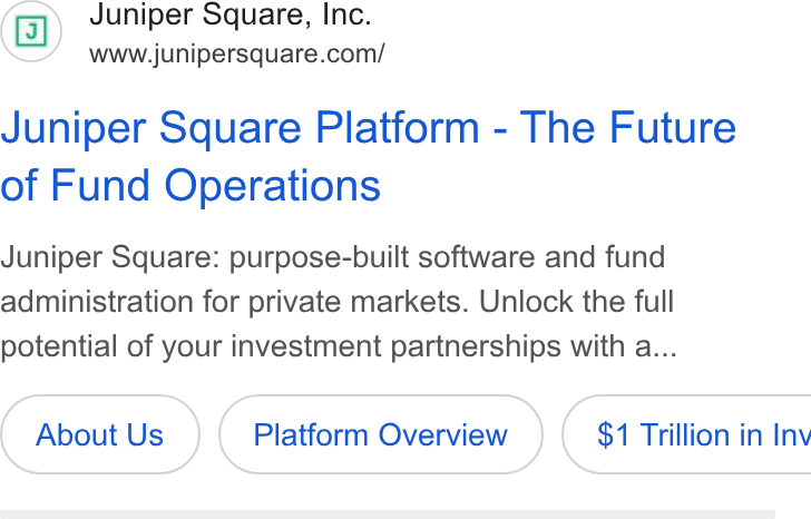 Juniper Square ad on Google Ads: Juniper Square Platform - The Future of Fund Operations Juniper Square: purpose-built software and fund administration for private markets. Unlock the full potential of your investment partnerships with a... About Us Platform Overview ) ( $1 Trillion in Inv