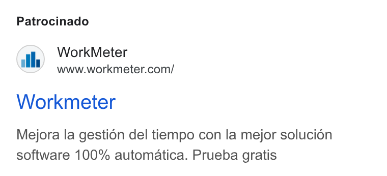 WorkMeter ad on Google Ads: Patrocinado Workmeter Mejora la gestion del tiempo con la mejor solucién software 100% automatica. Prueba gratis