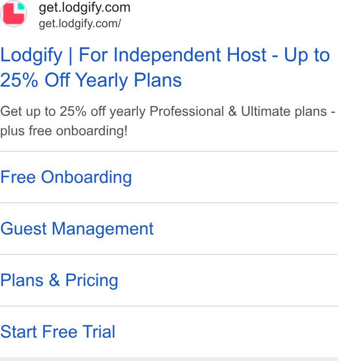 Lodgify ad on Google Ads: get.lodgify.com/ Lodgify | For Independent Host - Up to 25% Off Yearly Plans Get up to 25% off yearly Professional & Ultimate plans - plus free onboarding! Free Onboarding Guest Management Plans & Pricing Start Free Trial