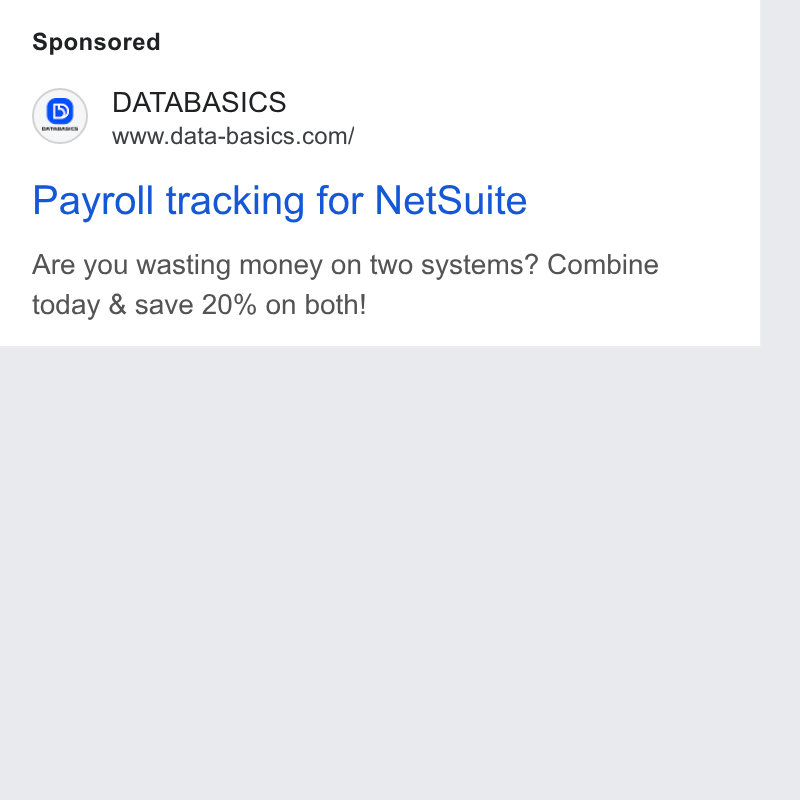 DATABASICS ad on Google Ads: Payroll tracking for Net Suite Are you wasting money on two systems? Combine today & save 20% on both!