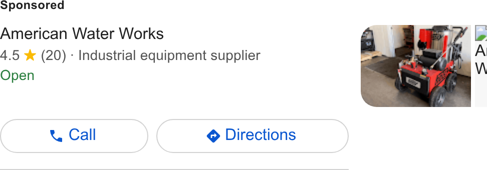 American Water Works ad on Google Ads: American Water Works 4.5 * (20) - Industrial equipment supplier Open