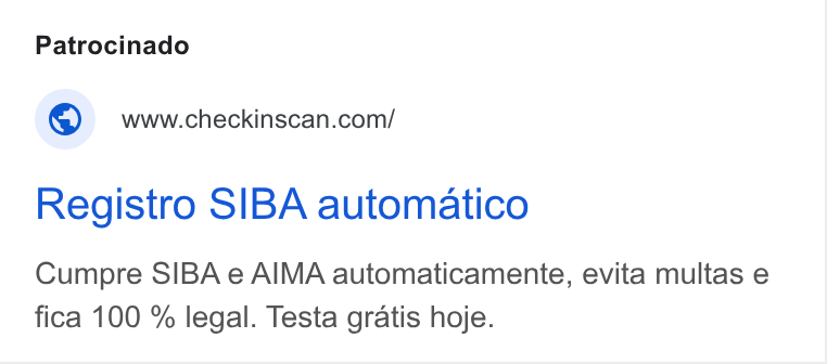 Check-in Scan ad on Google Ads: Registro SIBA automatico Cumpre SIBA e AIMA automaticamente, evita multas e fica 100 % legal. Testa gratis hoje.