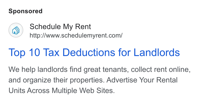 Schedule My Rent ad on Google Ads: Top 10 Tax Deductions for Landlords We help landlords find great tenants, collect rent online, and organize their properties. Advertise Your Rental Units Across Multiple Web Sites.