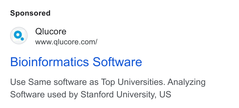Qlucore ad on Google Ads: Bioinformatics Software Use Same software as Top Universities. Analyzing Software used by Stanford University, US