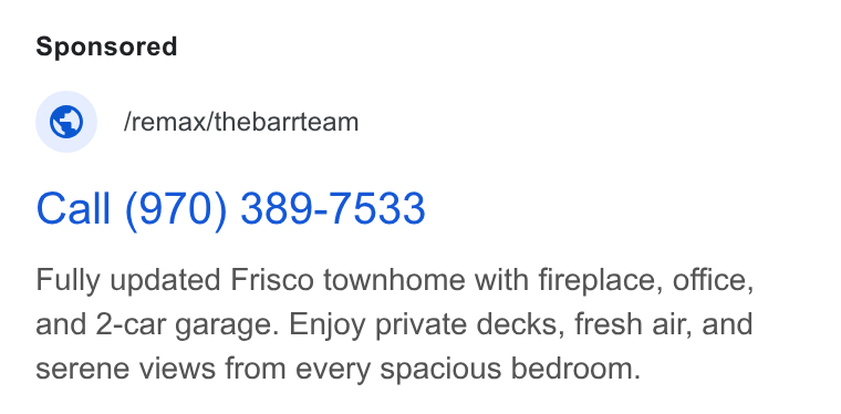 Aryeo ad on Google Ads: © _/remax/thebarrteam Call (970) 389-7533 Fully updated Frisco townhome with fireplace, office, and 2-car garage. Enjoy private decks, fresh air, and serene views from every spacious bedroom.