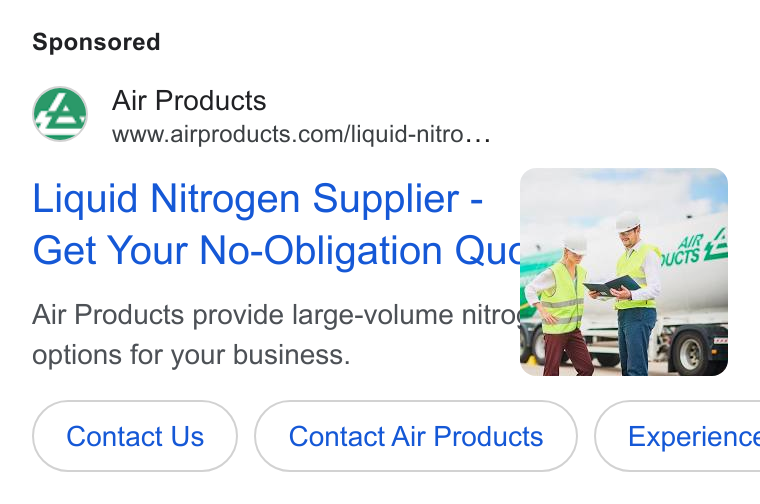 Air Products & Chemicals ad on Google Ads: Liquid Nitrogen Supplier - Air Products provide large-volume nitroa” RS options for your business.