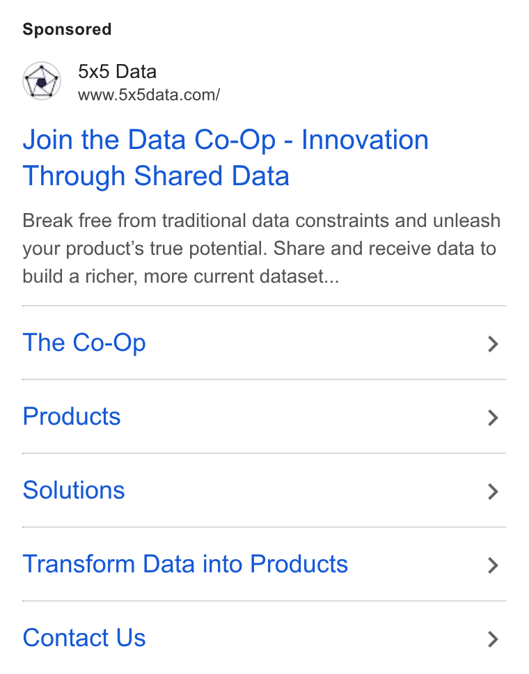 5x5 ad on Google Ads: Join the Data Co-Op - Innovation Through Shared Data Break free from traditional data constraints and unleash your product's true potential. Share and receive data to build a richer, more current dataset... The Co-Op > Products > Solutions > Transform Data into Products > Contact Us >