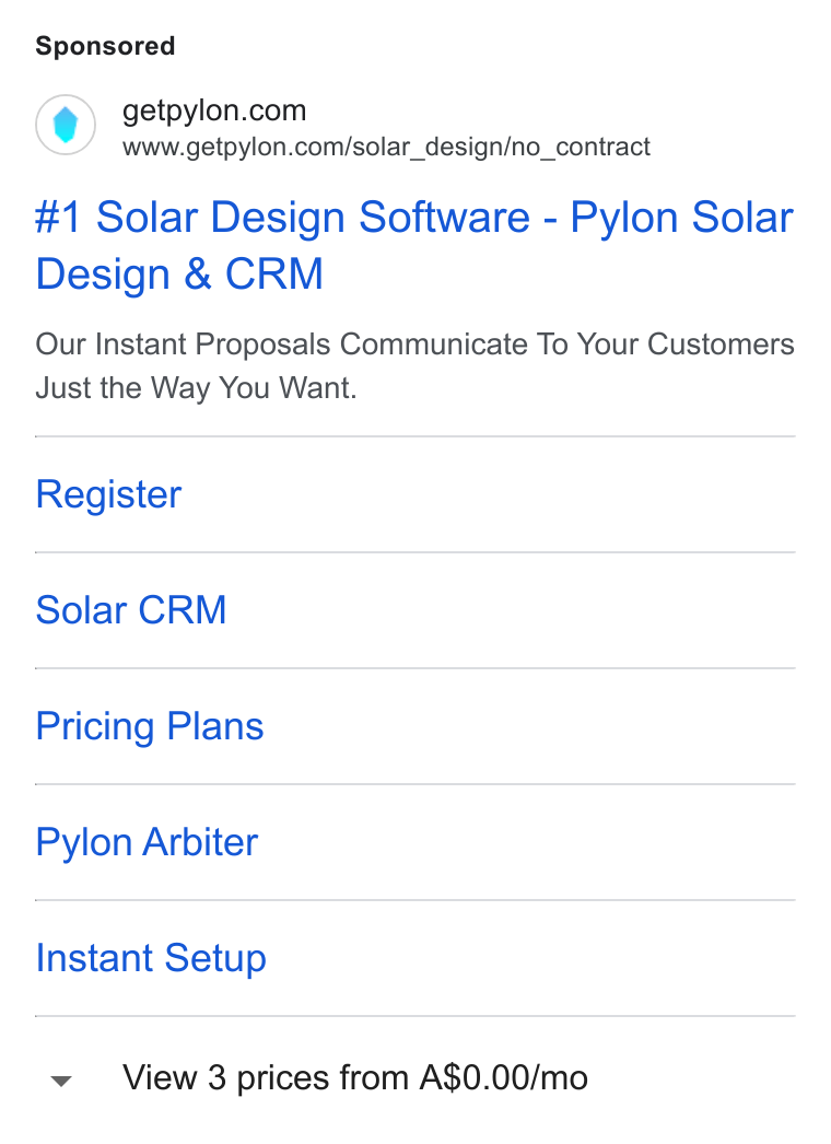 Pylon ad on Google Ads: www.getpylon.com/solar_design/no_contract #1 Solar Design Software - Pylon Solar Design & CRM Our Instant Proposals Communicate To Your Customers Just the Way You Want. Register Solar CRM Pricing Plans Pylon Arbiter Instant Setup View 3 prices from A$0.00/mo