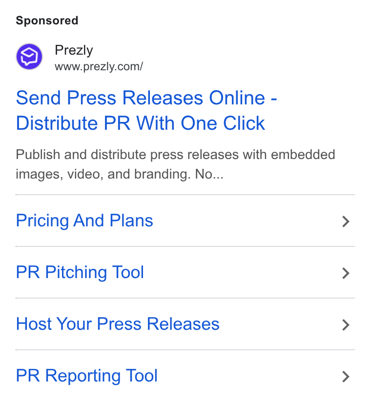 Prezly ad on Google Ads: Send Press Releases Online - Distribute PR With One Click Publish and distribute press releases with embedded images, video, and branding. No... Pricing And Plans PR Pitching Tool Host Your Press Releases PR Reporting Tool