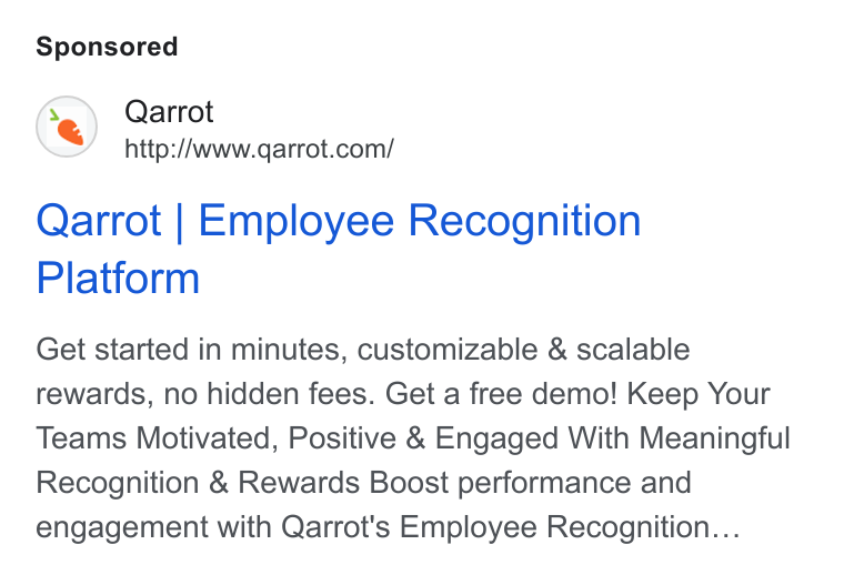 Qarrot ad on Google Ads: Qarrot | Employee Recognition Platform Get started in minutes, customizable & scalable rewards, no hidden fees. Get a free demo! Keep Your Teams Motivated, Positive & Engaged With Meaningful Recognition & Rewards Boost performance and engagement with Qarrot's Employee Recognition...