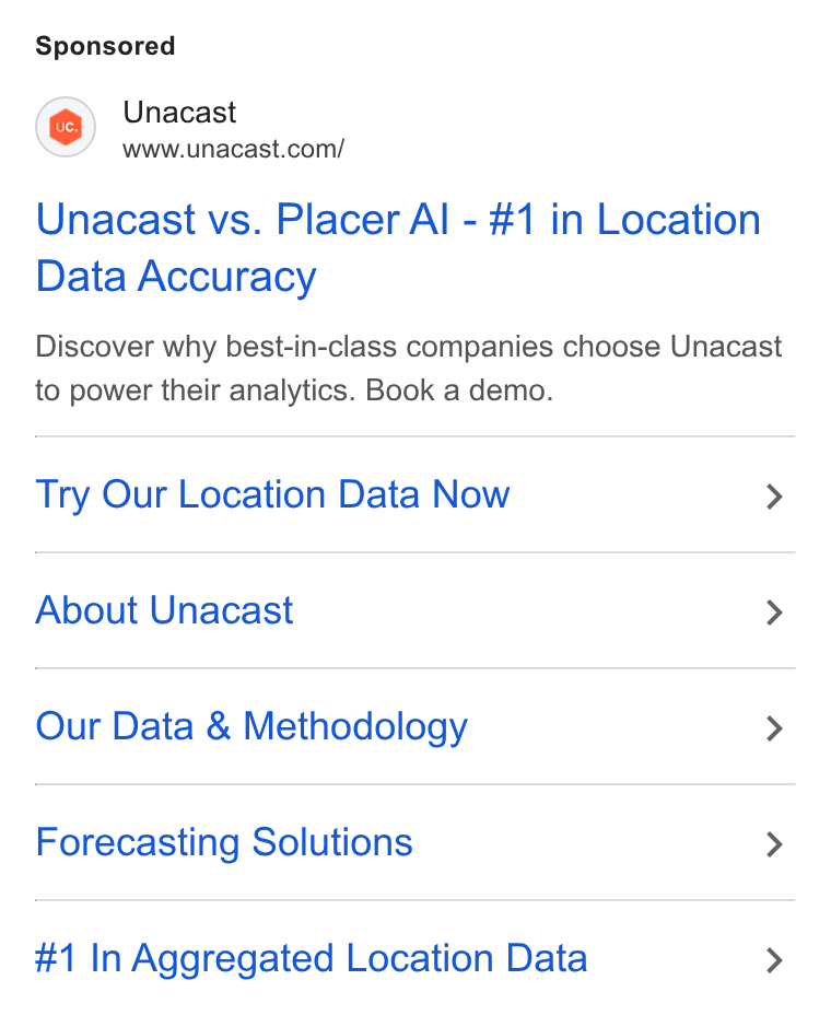 Unacast ad on Google Ads: Unacast vs. Placer Al - #1 in Location Data Accuracy Discover why best-in-class companies choose Unacast to power their analytics. Book a demo. Try Our Location Data Now > About Unacast > Our Data & Methodology > Forecasting Solutions > #1 In Aggregated Location Data >
