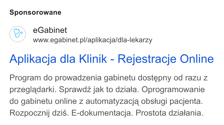 eGabinet ad on Google Ads: Sponsorowane Aplikacja dla Klinik - Rejestracje Online Program do prowadzenia gabinetu dostepny od razu z przegladarki. Sprawdz jak to dziata. Oprogramowanie do gabinetu online Zz automatyzacja obstugi pacjenta. Rozpocznij dzis. E-dokumentacja. Prostota dziatania.