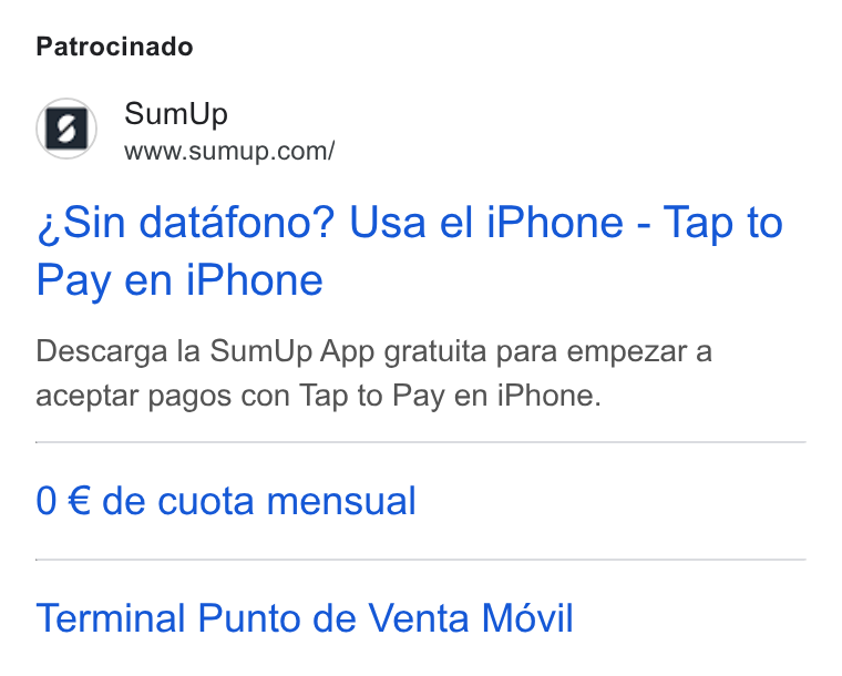 SumUp ad on Google Ads: Patrocinado ésin datafono? Usa el i Phone - Tap to Pay en i Phone Descarga la Sum Up App gratuita para empezar a aceptar pagos con Tap to Pay en i Phone. 0 € de cuota mensual Terminal Punto de Venta Movil