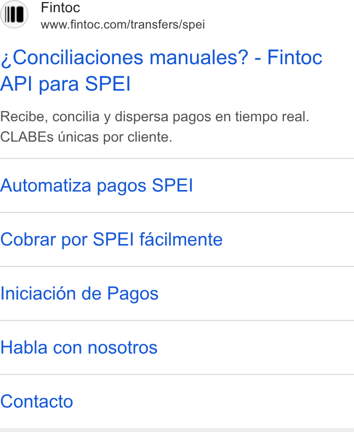 Fintoc ad on Google Ads: Conciliaciones manuales? - Fintoc API para SPEI Recibe, concilia y dispersa pagos en tiempo real. CLABEs Uunicas por cliente. Automatiza pagos SPE] Cobrar por SPEI facilmente Iniciacién de Pagos Habla con nosotros Contacto
