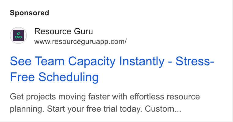 Resource Guru ad on Google Ads: see Team Capacity Instantly - Stress- Free Scheduling Get projects moving faster with effortless resource planning. Start your free trial today. Custom...
