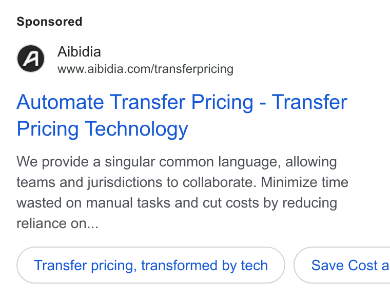 Aibidia ad on Google Ads: Automate Transfer Pricing - Transfer Pricing Technology We provide a singular common language, allowing teams and jurisdictions to collaborate. Minimize time wasted on manual tasks and cut costs by reducing reliance on... Transfer pricing, transformed by tech }( Save Costa
