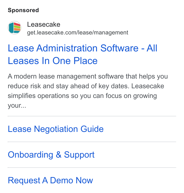 Leasecake ad on Google Ads: Lease Administration Software - All Leases In One Place A modern lease management software that helps you reduce risk and stay ahead of key dates. Leasecake simplifies operations so you can focus on growing your... Lease Negotiation Guide Onboarding & Support Request A Demo Now