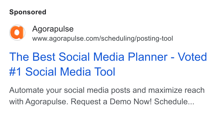Agorapulse ad on Google Ads: The Best Social Media Planner - Voted #1 Social Media Tool Automate your social media posts and maximize reach with Agorapulse. Request a Demo Now! Schedule...