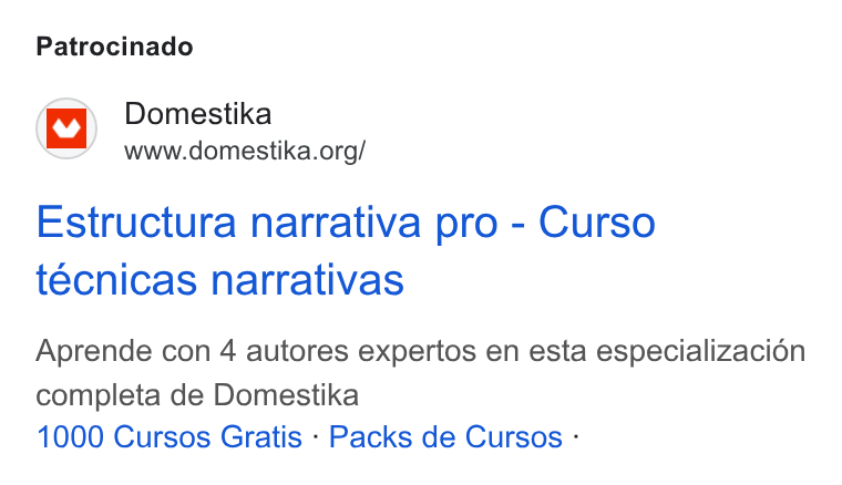 Domestika ad on Google Ads: Patrocinado Estructura narrativa pro - Curso técnicas narrativas Aprende con 4 autores expertos en esta especializacién completa de Domestika 1000 Cursos Gratis - Packs de Cursos -