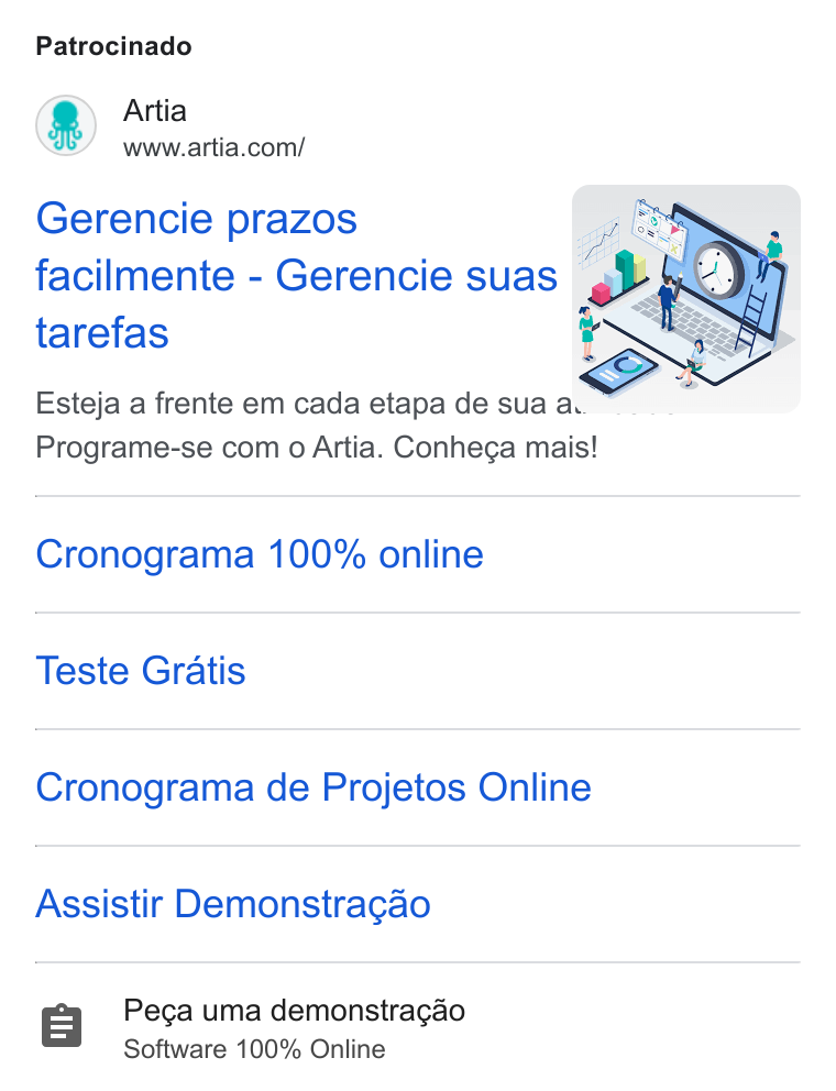 Artia ad on Google Ads: Patrocinado Gerencie prazos a facilmente - Gerencie suas “g-, tarefas iow Esteja a frente em cada etapa de sua ae. Programe-se com o Artia. Conhega mais! Cronograma 100% online Teste Gratis Cronograma de Projetos Online Assistir Demonstragao 8 Peca uma demonstra¢gao Software 100% Online