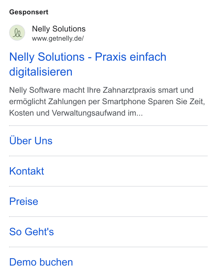 Nelly Solutions ad on Google Ads: Gesponsert Nelly Solutions - Praxis einfach digitalisieren Nelly Software macht lhre Zahnarztpraxis smart und erméglicht Zahlungen per Smartphone Sparen Sie Zeit, Kosten und Verwaltungsaufwand im... Uber Uns Kontakt Preise So Geht's Demo buchen