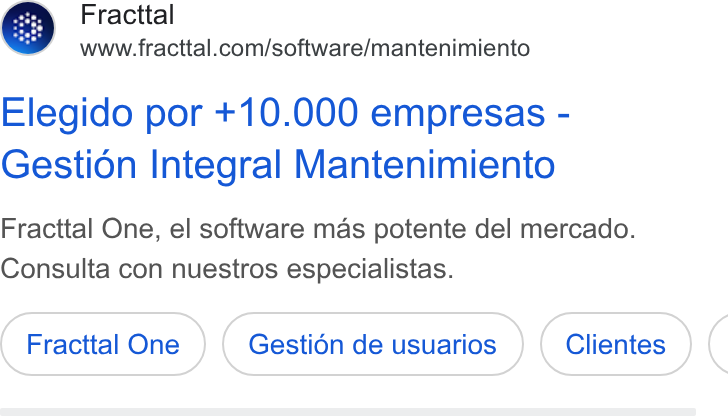 Fracttal ad on Google Ads: Elegido por +10.000 empresas - Gestion Integral Mantenimiento Fracttal One, el software mas potente del mercado. Consulta con nuestros especialistas.