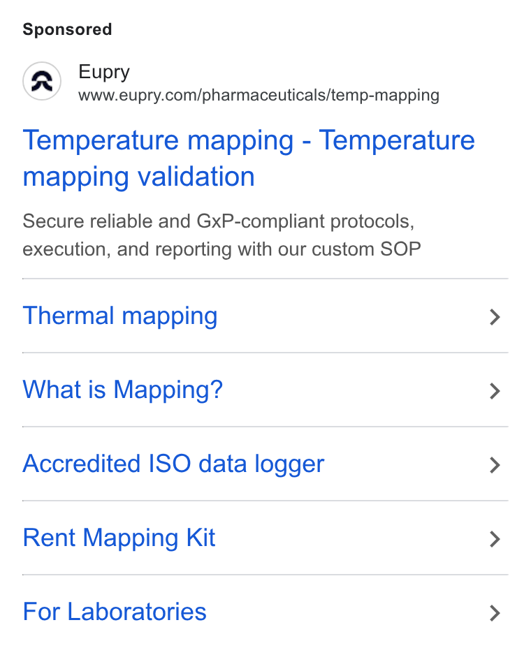 Eupry ad on Google Ads: Temperature mapping - Temperature mapping validation Secure reliable and Gx P-compliant protocols, execution, and reporting with our custom SOP Thermal mapping What is Mapping? Accredited ISO data logger Rent Mapping Kit For Laboratories