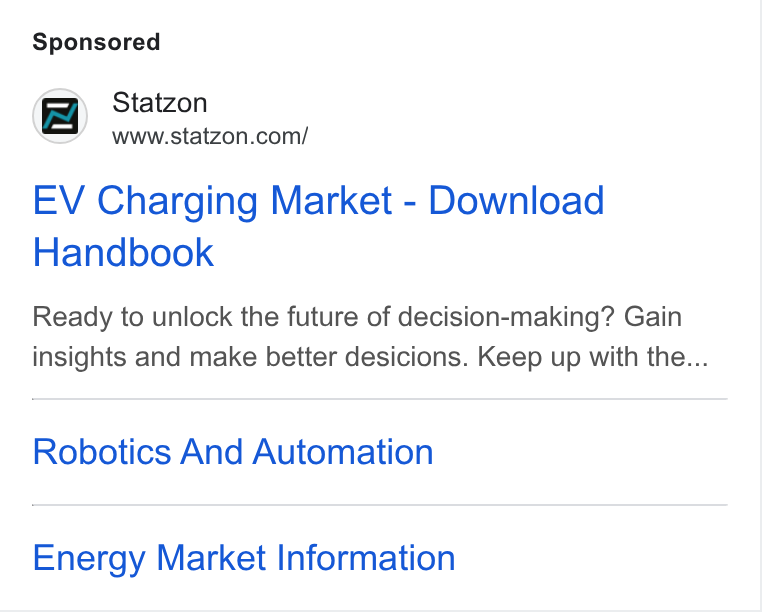 Statzon ad on Google Ads: EV Charging Market - Download Handbook Ready to unlock the future of decision-making? Gain insights and make better desicions. Keep up with the... Robotics And Automation Energy Market Information