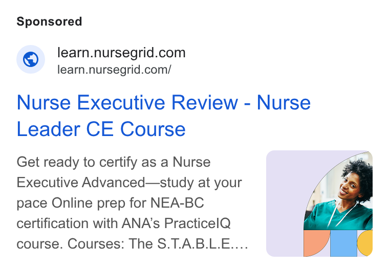 NurseGrid ad on Google Ads: learn.nursegrid.com/ Nurse Executive Review - Nurse leader CE Course Get ready to certify as a Nurse Executive Advanced—study at your pace Online prep for NEA-BC certification with ANA’s Practicel Q course. Courses: The S. T. A. B. L. E....