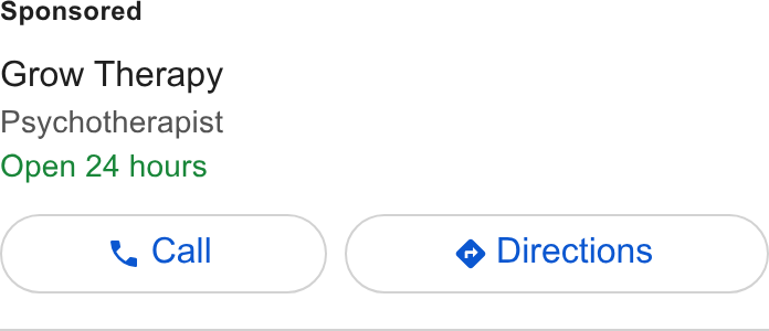 Grow Therapy ad on Google Ads: Grow Therapy Psychotherapist Open 24 hours