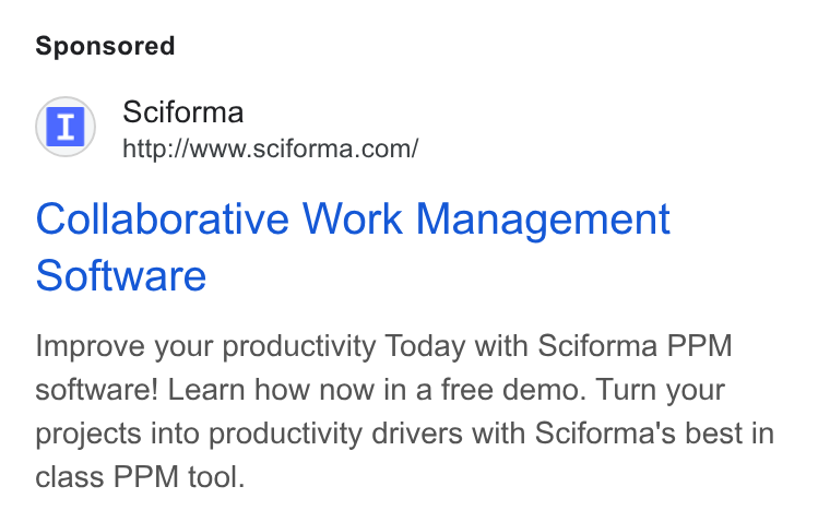 Sciforma ad on Google Ads: Collaborative Work Management Software Improve your productivity Today with Sciforma PPM software! Learn how now in a free demo. Turn your projects into productivity drivers with Sciforma's best in class PPM tool.