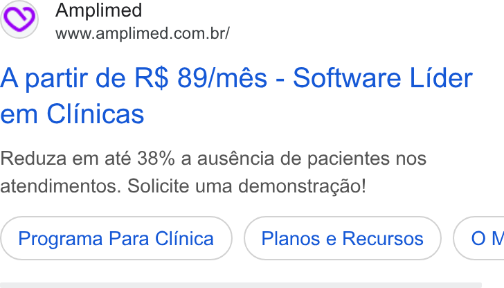 Amplimed ad on Google Ads: A partir de R$ 89/més - Software Lider em Clinicas Reduza em até 38% a auséncia de pacientes nos atendimentos. Solicite uma demonstracao! Programa Para Clinica ( ON