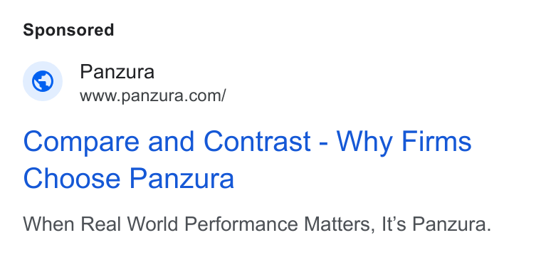 Panzura ad on Google Ads: Compare and Contrast - Why Firms Choose Panzura When Real World Performance Matters, It’s Panzura.