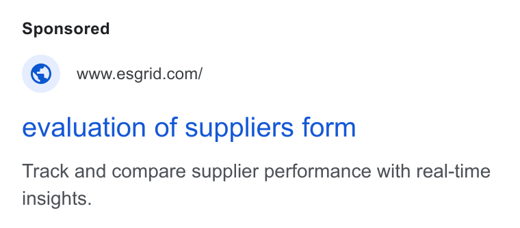 Esgrid ad on Google Ads: evaluation of suppliers form Track and compare supplier performance with real-time insights.