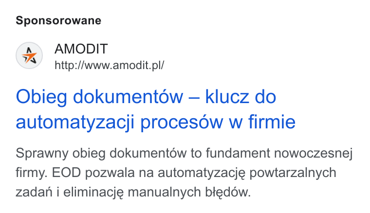 AMODIT ad on Google Ads: Sponsorowane Obieg dokumentow — klucz do automatyzacji procesow wi firmie Sprawny obieg dokumentdow to fundament nowoczesne;j firmy. EOD pozwala na automatyzacje powtarzalnych zadan i eliminacje manualnych btedow.