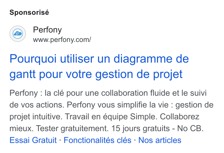 Perfony ad on Google Ads: Sponsorisé Pourquoi utiliser un diagramme de ganit pour votre gestion de projet Perfony : la clé pour une collaboration fluide et le suivi de vos actions. Perfony vous simplifie la vie : gestion de projet intuitive. Travail en Equipe Simple. Collaborez mieux. Tester gratuitement. 15 jours gratuits - No CB. Essai Gratuit - Fonctionalités clés - Nos articles