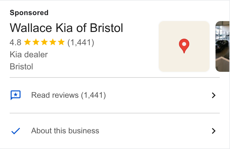Xtime ad on Google Ads: Wallace Kia of Bristol 4.8 kw KKH (1,441) Kia dealer Bristol Read reviews (1,441) > About this business >