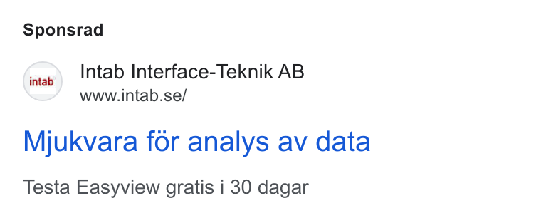 Upsales ad on Google Ads: Sponsrad Mjukvara for analys av data Testa Easyview gratis i 30 dagar