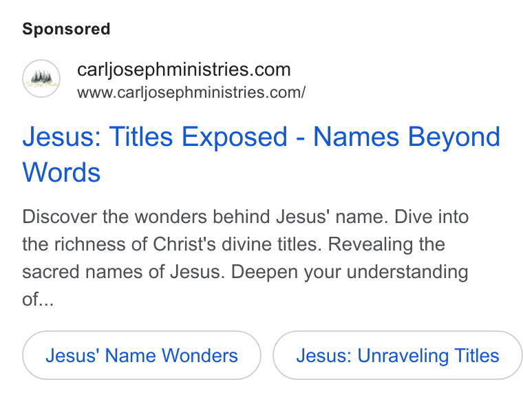 Donorbox ad on Google Ads: www.carljosephministries.com/ Jesus: Titles Exposed - Names Beyond Words Discover the wonders behind Jesus’ name. Dive into the richness of Christ's divine titles. Revealing the sacred names of Jesus. Deepen your understanding of... Jesus' Name Wonders Jesus: Unraveling Titles