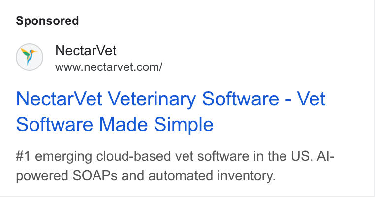 NectarVet ad on Google Ads: Nectar Vet Veterinary Software - Vet Software Made Simple #1 emerging cloud-based vet software in the US. Al- powered SOAPs and automated inventory.