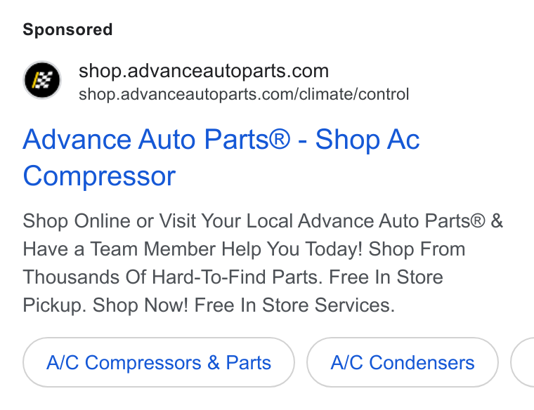 Advance Auto Parts ad on Google Ads: shop.advanceautoparts.com/climate/control Advance Auto Parts® - Shop Ac Compressor Shop Online or Visit Your Local Advance Auto Parts® & Have a Team Member Help You Today! Shop From Thousands Of Hard-To-Find Parts. Free In Store Pickup. Shop Now! Free In Store Services. A/C Compressors & Parts A/C Condensers <