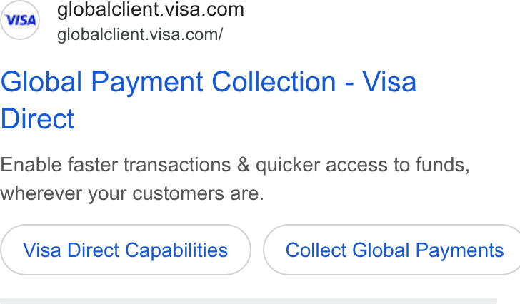 Visa ad on Google Ads: globalclient.visa.com/ Global Payment Collection - Visa Direct Enable faster transactions & quicker access to funds, wherever your customers are. Visa Direct Capabilities } ( Collect Global Payments