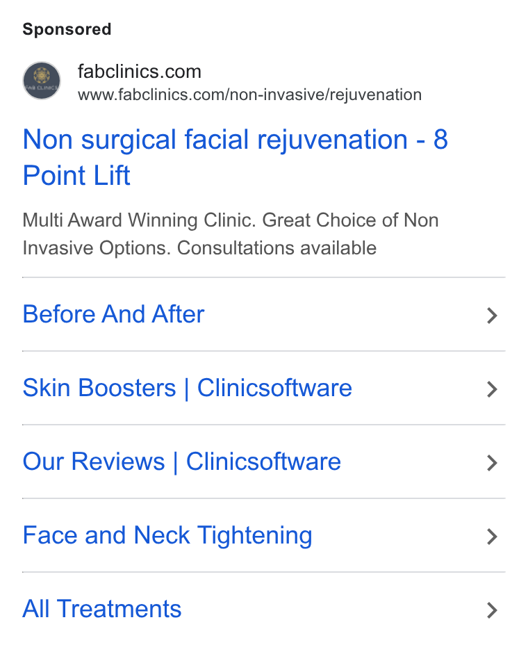 Clinic Software CRM ad on Google Ads: www.fabclinics.com/non-invasive/rejuvenation Non surgical facial rejuvenation - 8 Point Lift Multi Award Winning Clinic. Great Choice of Non Invasive Options. Consultations available Before And After Skin Boosters | Clinicsoftware Our Reviews | Clinicsoftware Face and Neck Tightening All Treatments