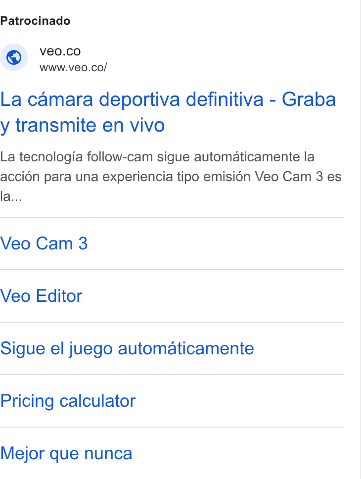 Veo Technologies ad on Google Ads: www.veo.co/ La camara deportiva definitiva - Graba y transmite en vivo La tecnologia follow-cam sigue automaticamente la accion para una experiencia tipo emisién Veo Cam 3 es la... Veo Cam 3 Veo Editor Sigue el juego automaticamente Pricing calculator Mejor que nunca