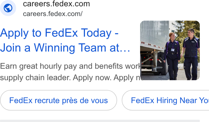 FedEx ad on Google Ads: careers.fedex.com/ Apply to Fed Ex Today - Join a Winning Team at... Earn great hourly pay and benefits wor}. supply chain leader. Apply now. Apply nt Fed Ex recrute prés de vous } ( Fed Ex Hiring Near Yo!
