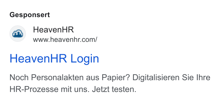 HeavenHR ad on Google Ads: Gesponsert “sz Heaven HR Heaven HR Login Noch Personalakten aus Papier? Digitalisieren Sie Ihre HR-Prozesse mit uns. Jetzt testen.